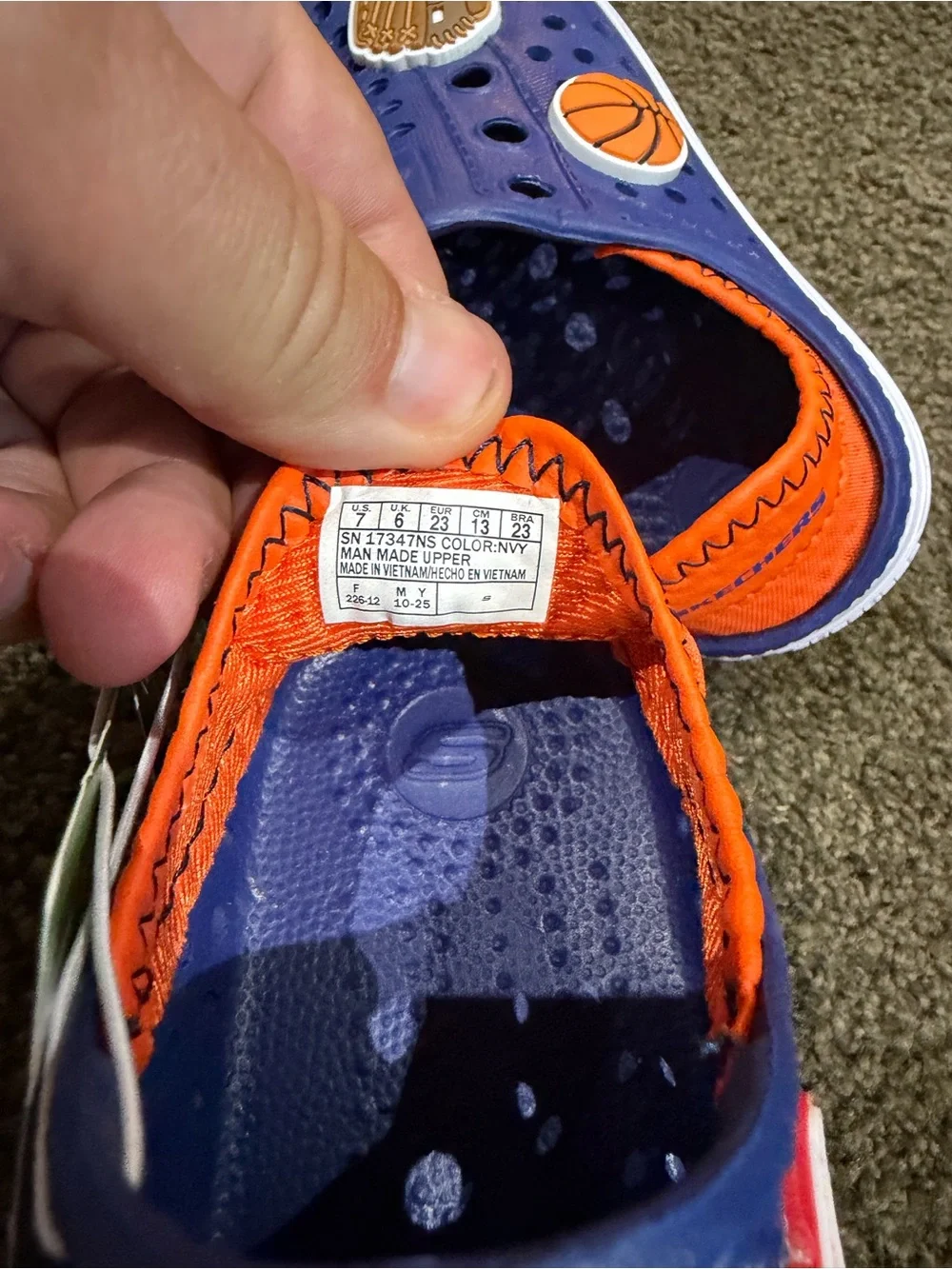 Skechers Blue Foamies Slip-On Clogs with Orange Lining and White Toecaps sz 7